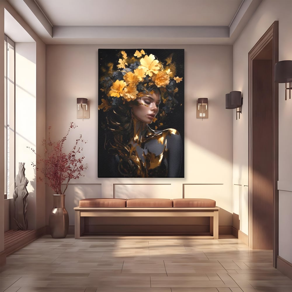 Tablou canvas cu tablou canvas cu portret de femeie aurita, fara rama, pe sasiu de lemn